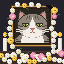 Pixel portrait of Mamshie, a grey and white cat, framed in flowers